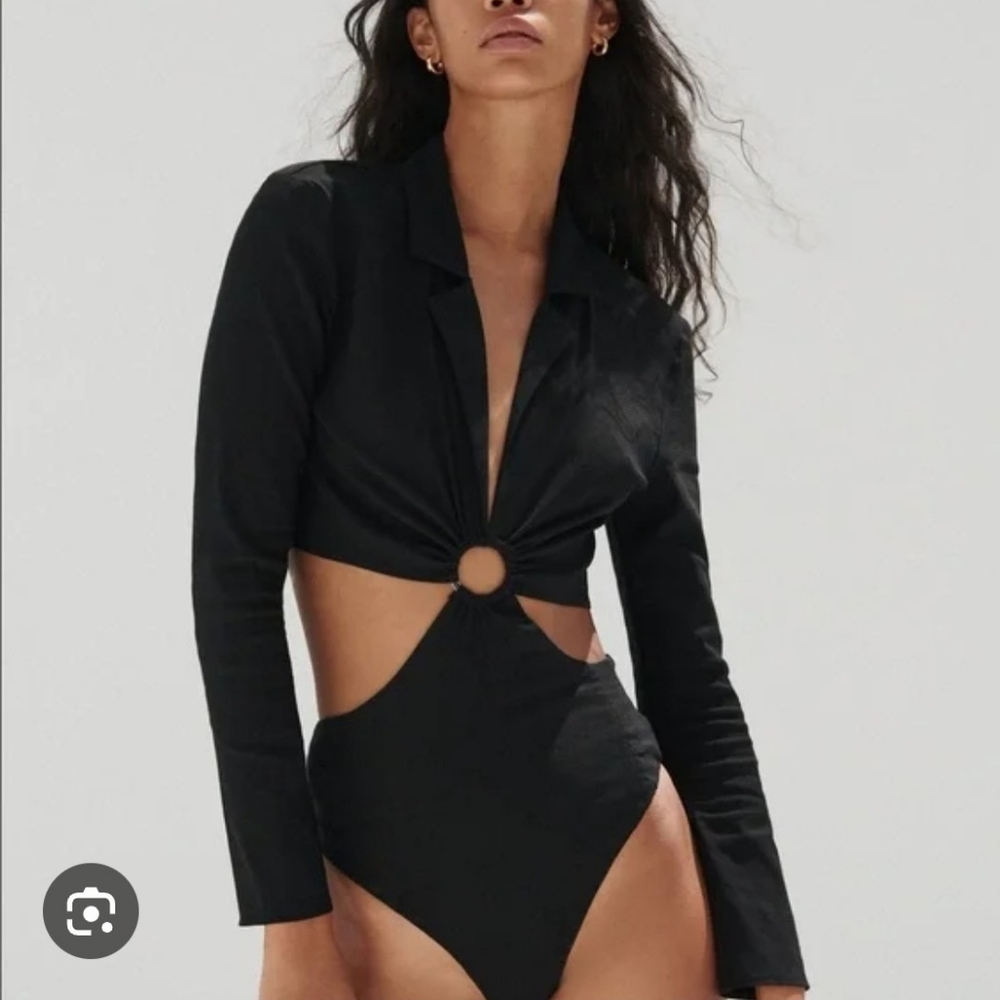 Black Long Sleeve Cutout Blazer Bodysuit